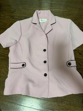 Studio I Pink Short-Sleeve Button Front Blazer Top with Black Trim